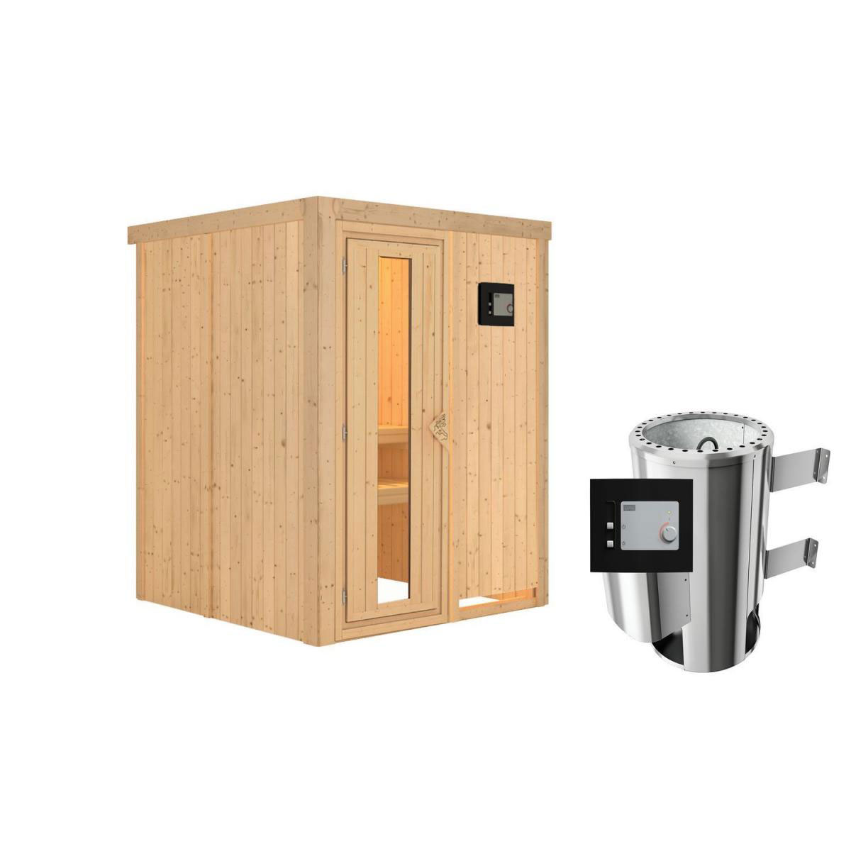 Karibu Sauna Minja Fronteinstieg 3,6 kW Ofen externe Strg modern kein Kranz Energiespartür Bild 1
