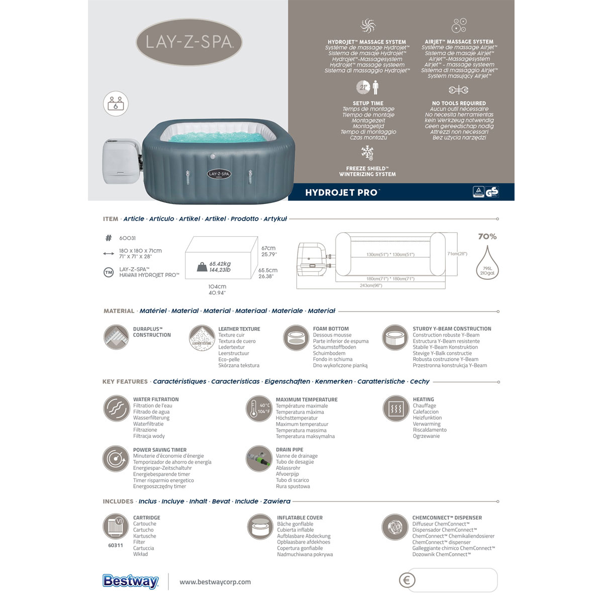 Bestway Whirlpool LAY-Z-SPA Hawaii HydroJet Pro 180 x 180 x 71 cm Bild 9