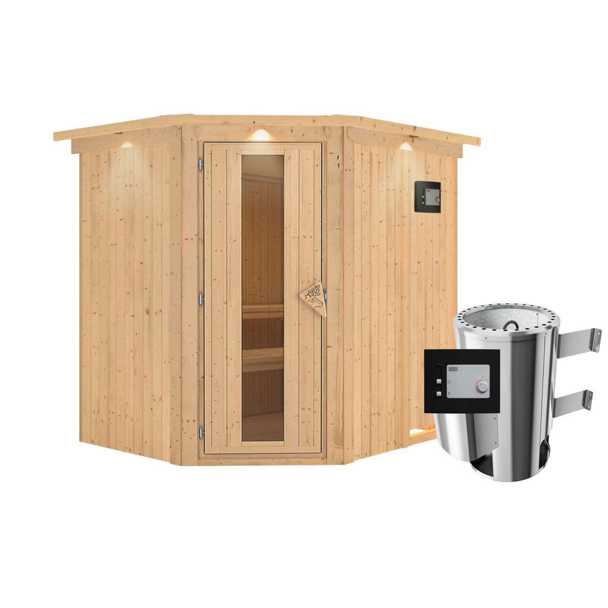 Karibu Sauna Lilja Eckeinstieg 3,6 kW Ofen externe Strg mit Kranz Energiespartür Bild 1