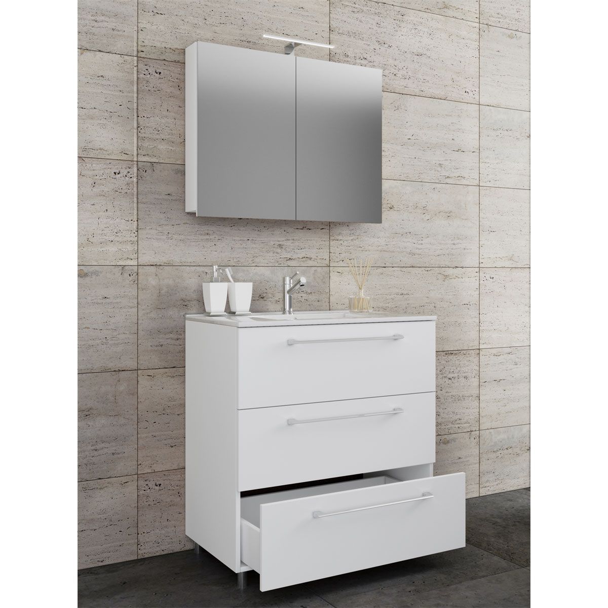 Stand-Waschplatz 80 cm 3-teilig 3 Schubfächer mit Spiegelschrank weiß Bild 2