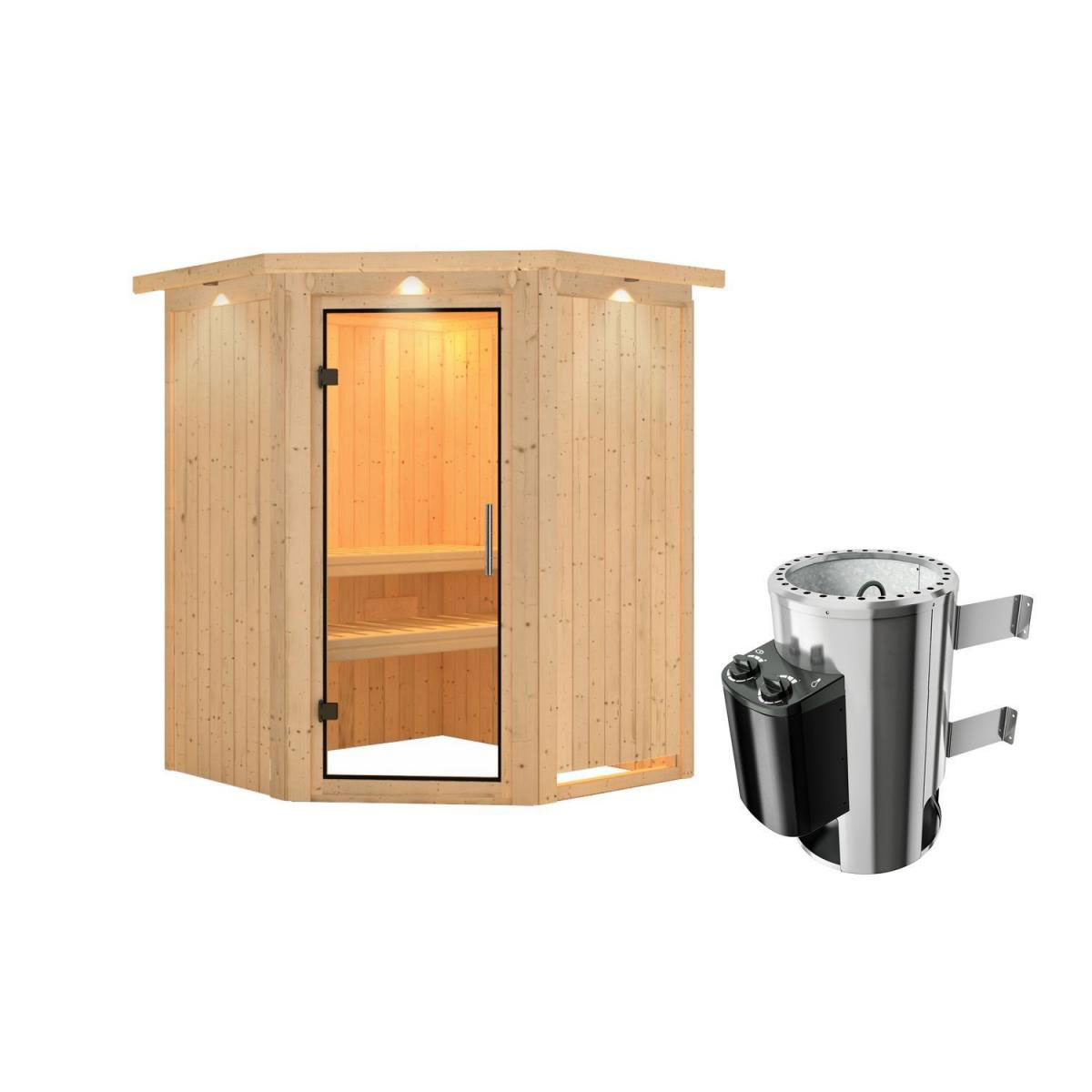 Karibu Sauna Nanja Eckeinstieg 3,6 kW Ofen integr Strg mit Kranz Klarglas-Tür Bild 2