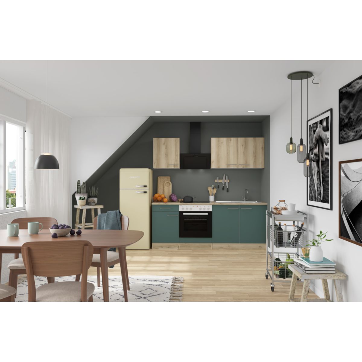 optifit Miniküche Livorno290 Savona405 210 x 226,8 x 60 cm Wildeiche Nachbildung   Steingrün Wildeiche Nachbildung Bild 4