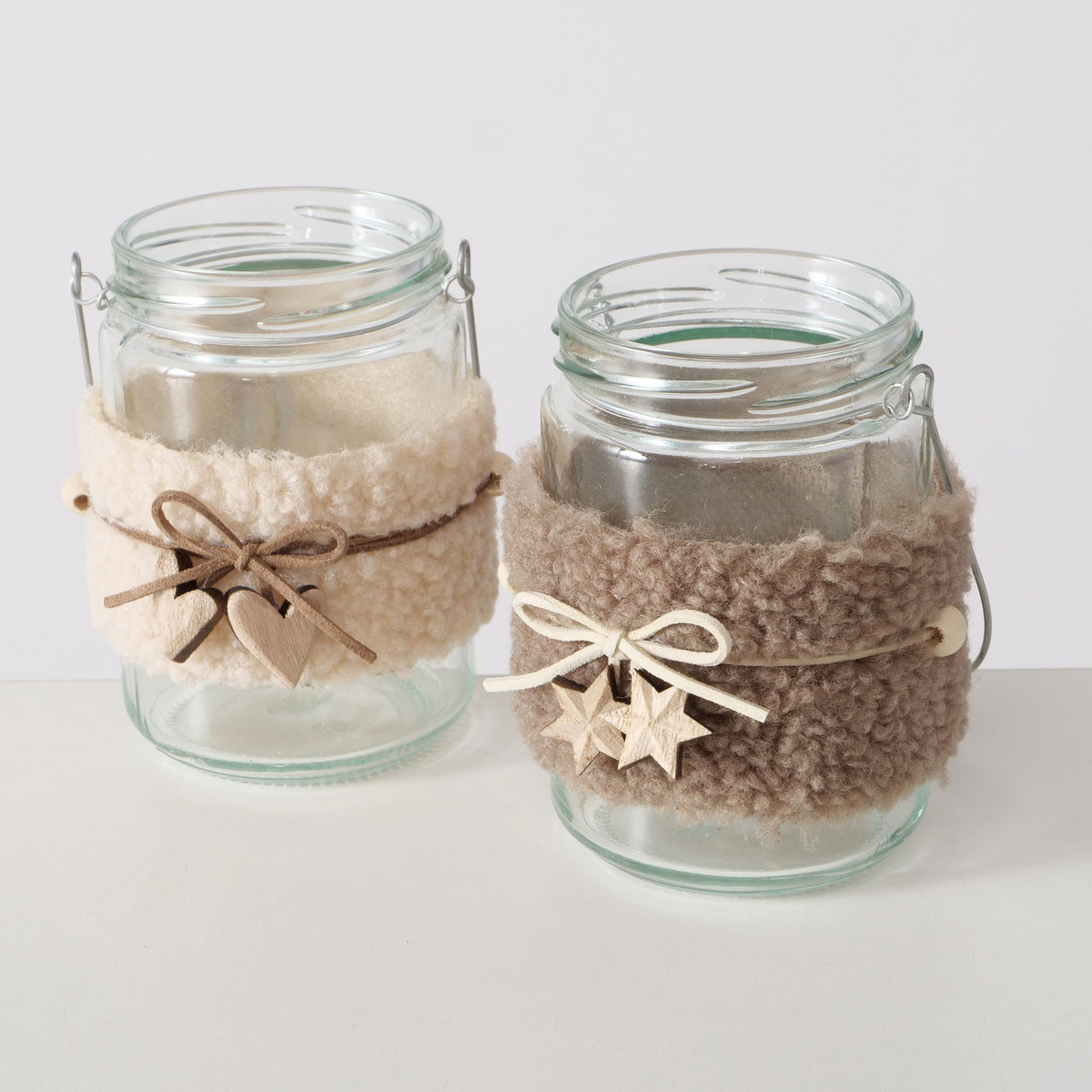 Windlicht Jaro Rund Herz Stern 9 x 9 x 11 cm beige-braun transparent Glas mit Text