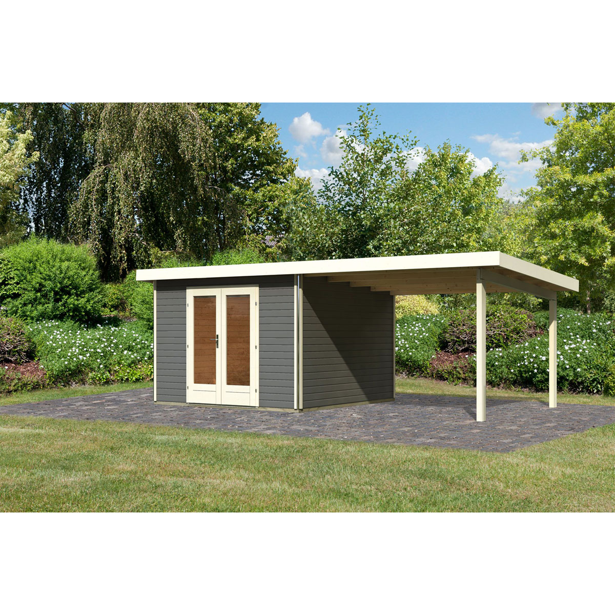 Karibu  Blockbohlenhaus Radeburg 1 terragrau mit Anbaudach Bild 1