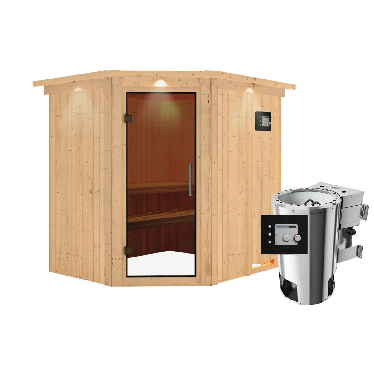 Karibu Sauna Lilja Eckeinstieg 3,6 kW Bio Ofen externe Strg modern mit Kranz graphitfarbene Glastür Bild 1