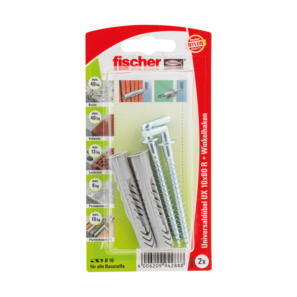 Fischer Universaldübel UX 10 x 60 mm mit Winkelhaken 2 Stück