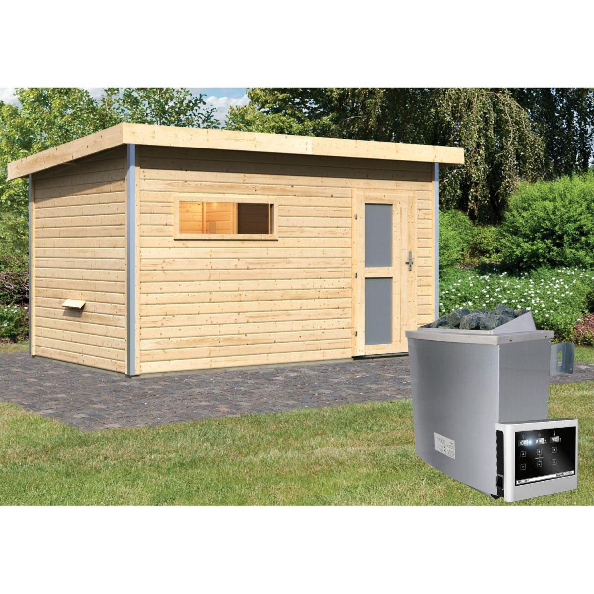 Karibu Saunahaus Skrollan 3 38 mm 9 kW Ofen externe Strg Milchglastür Bild 6