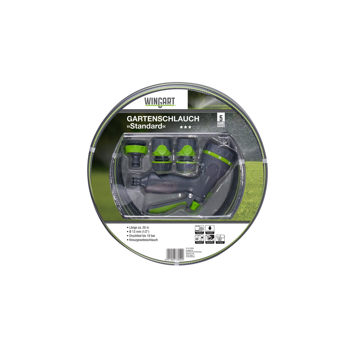 Wingart  Gartenschlauch Standard grau mit grünen Streifen 1/2" 20 m mit Anschlüssen