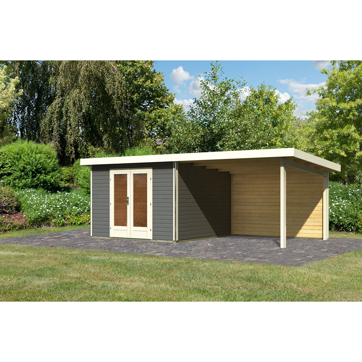 Karibu  Blockbohlenhaus Radeburg 1 terragrau mit Anbaudach und Rückwand Bild 1