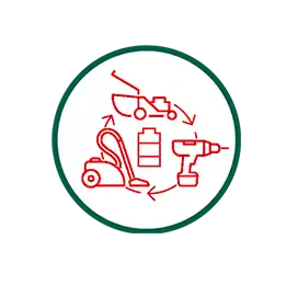 Symbole für Rasenmäher, Bohrmaschine und Staubsauger sind kreisförmig mit Pfeilen verbunden.