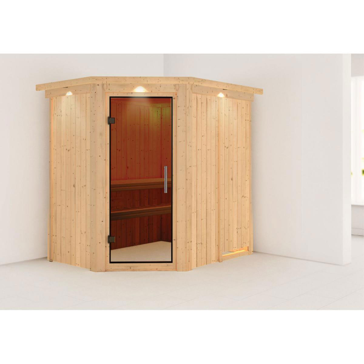 Karibu Sauna Saja Eckeinstieg ohne Ofen mit Kranz graphitfarbene Glastür Bild 6