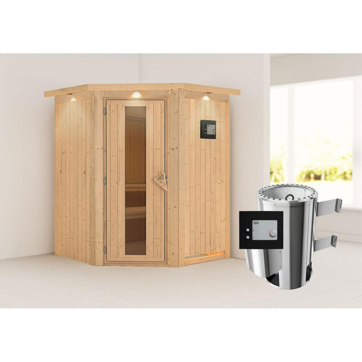 Karibu Sauna Nanja Eckeinstieg 3,6 kW Ofen externe Strg mit Kranz Energiespartür Bild 7