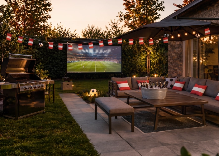 Fußball auf einer leinwand in einem geschmückten GArten