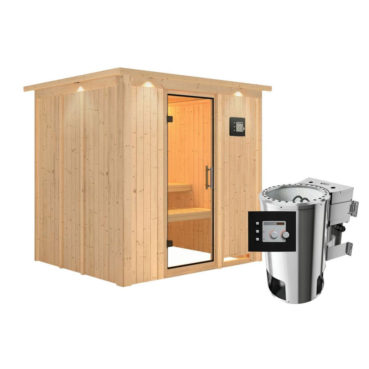 Karibu Sauna Daria Fronteinstieg 3,6 kW Bio Ofen externe Strg modern mit Kranz Klarglas-Tür Bild 1