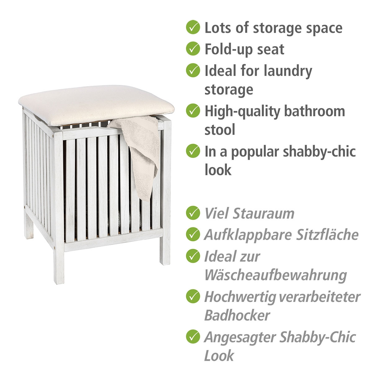 Wenko  Hocker Norway Weiß mit Wäschesammler Badhocker massives Walnussholz Bild 4