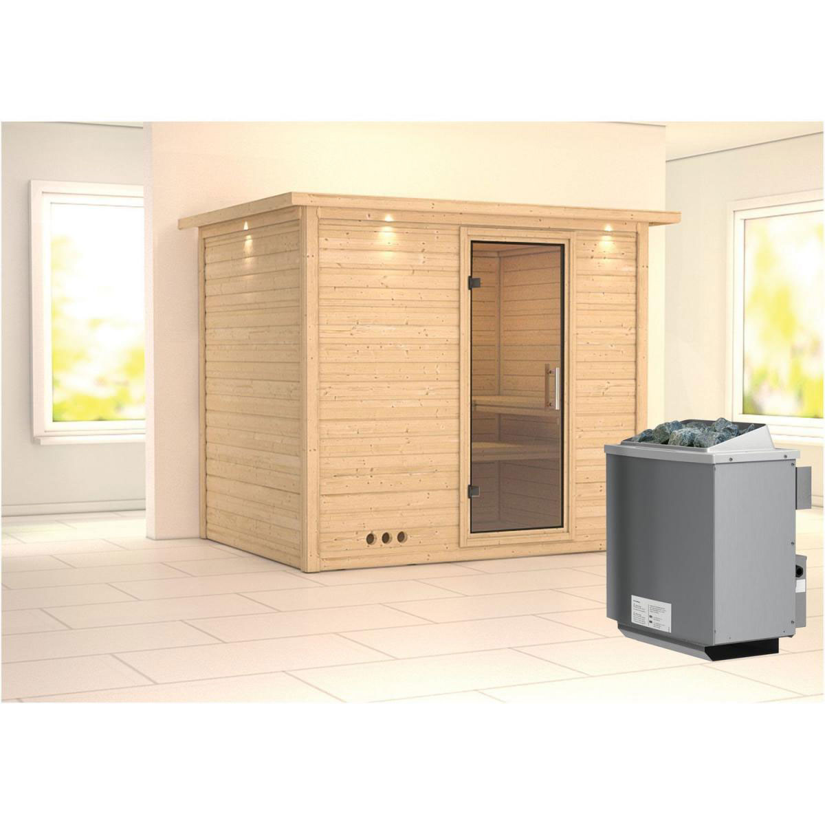 Karibu Sauna Sonara Fronteinstieg 9 kW Ofen integr Strg mit Kranz Klarglas-Tür Bild 4