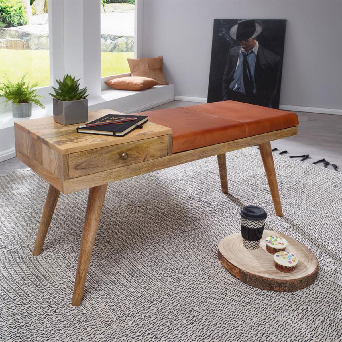 Wohnling Sitzbank „Salim“, Ziegenleder, 100x52x38 cm