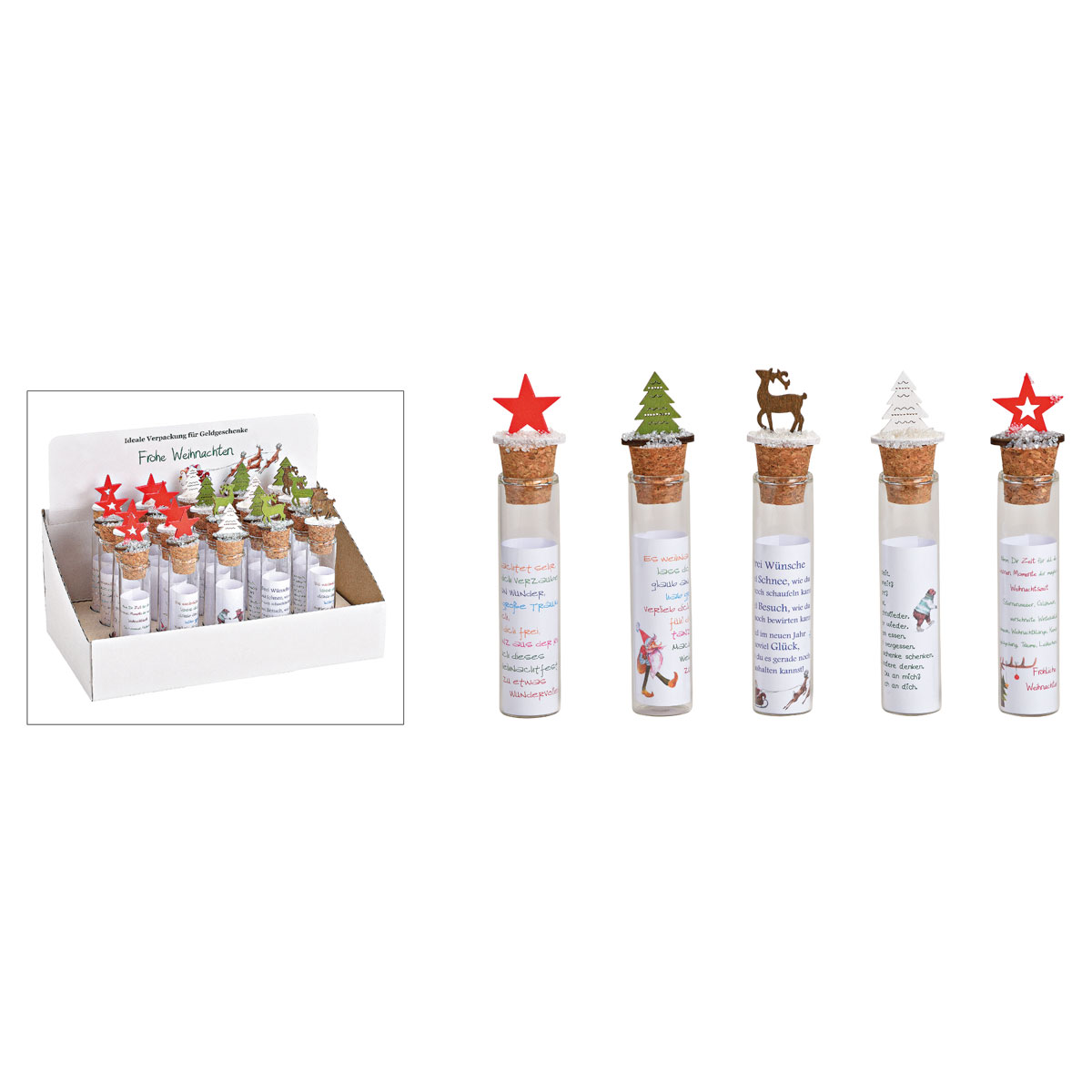 Geldgeschenkreagenzglas mit Holz- Weihnachtsmotive Transp. 5-fach