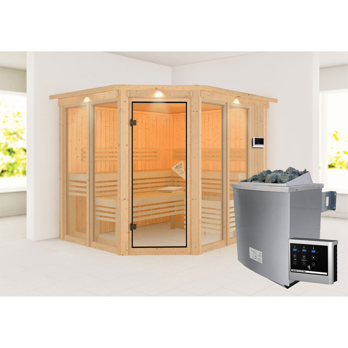 Karibu Sauna Ainur 3 mit Kranz naturbelassen externe Steuerung Bild 1