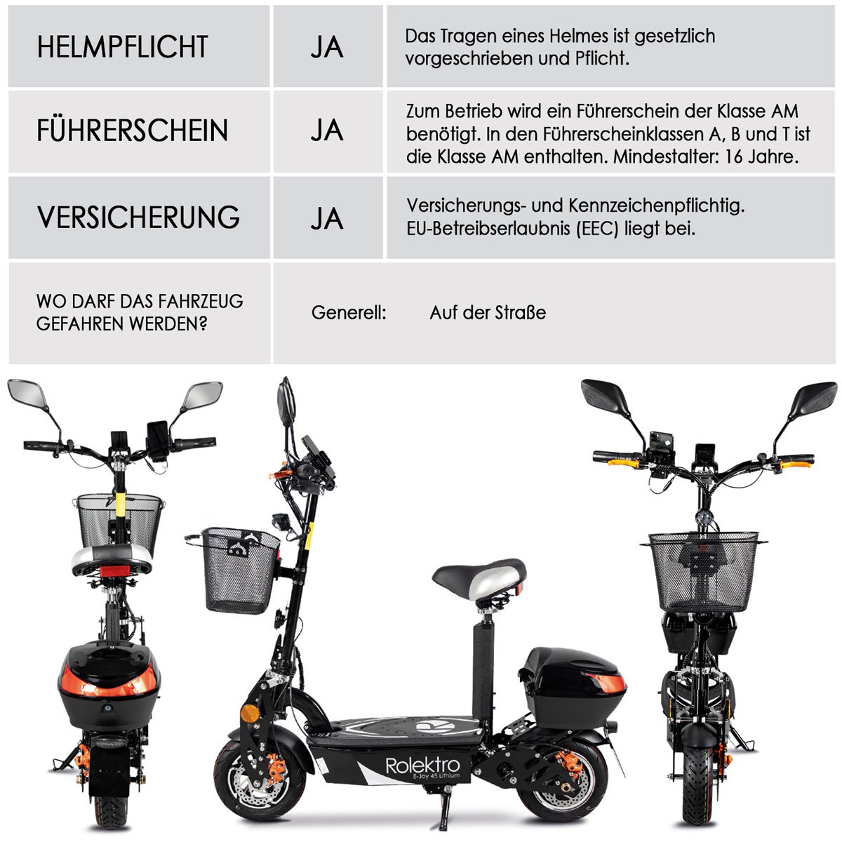 Rolektro E-Scooter „E-Joy 45“ Schwarz, 48 V-20 AH Akku, 1000 W Bild 6