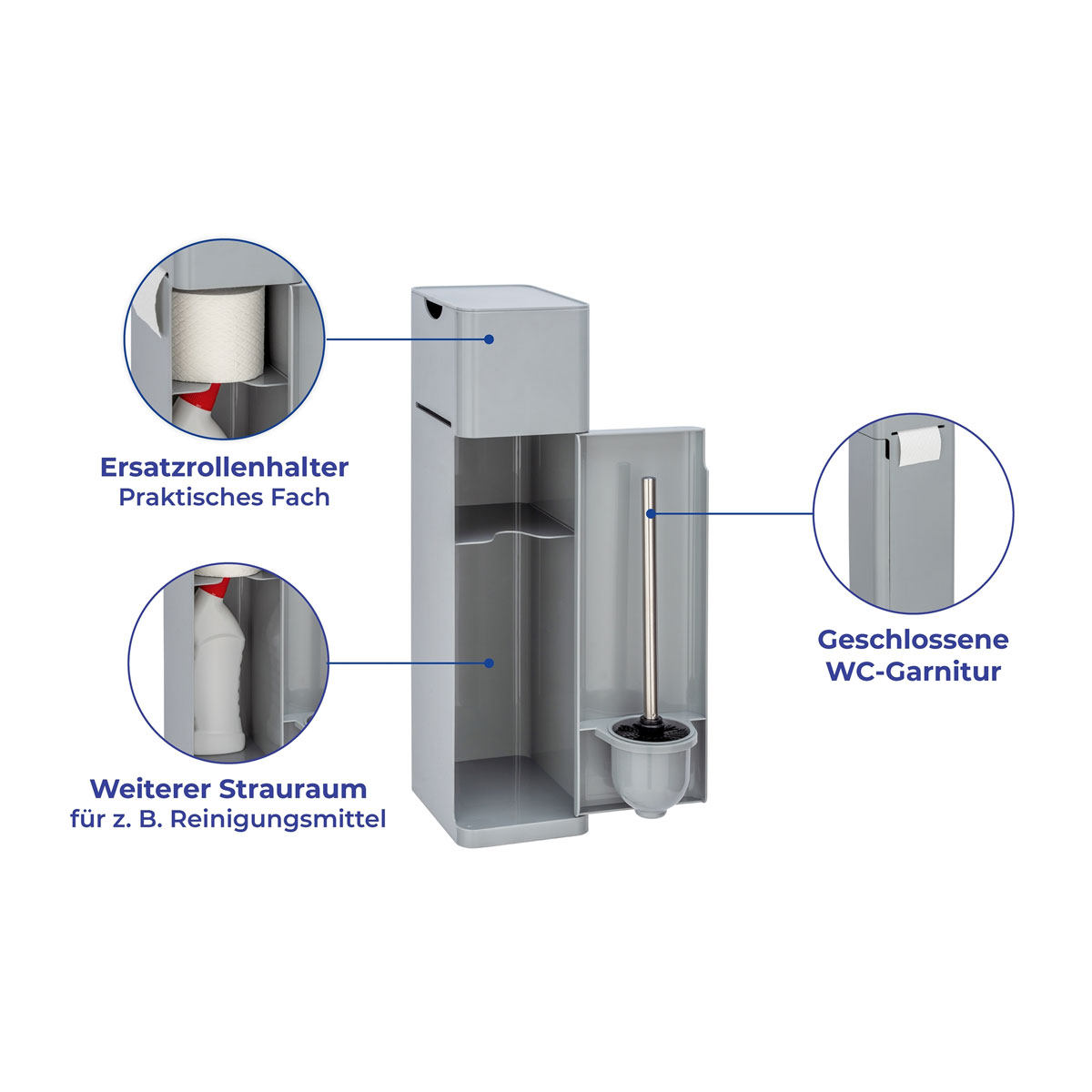 Wenko  6 in 1 Stand WC-Garnitur Imon Grau matt integrierter Toilettenpapierhalter WC-Bürstenhalter Ersatzrollenhalter Stauraumfächer und Ablage Bild 6