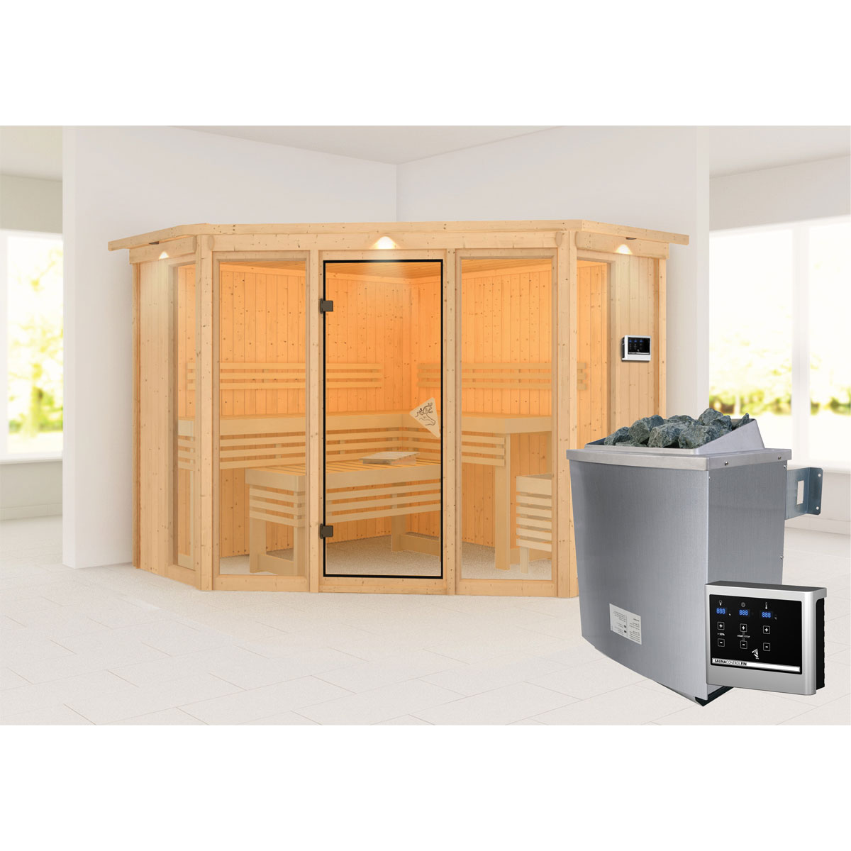 Karibu Sauna Alcinda 2 mit Kranz naturbelassen externe Steuerung Bild 1