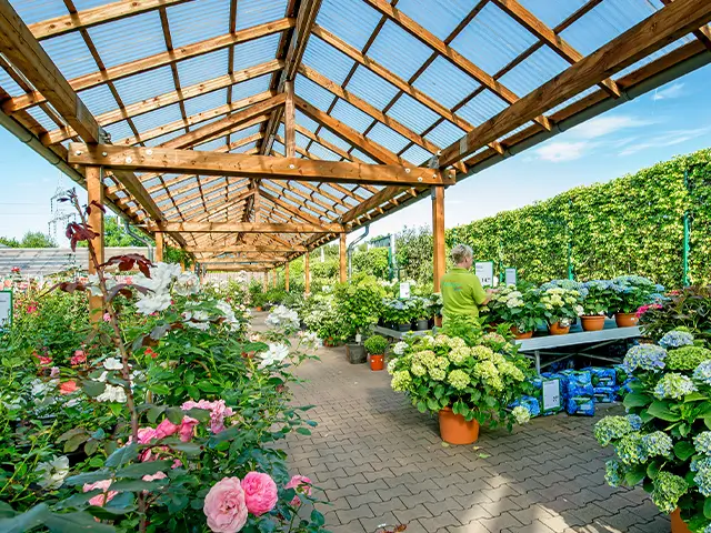Überdachter Außenbereich des Gartencenters Augsburg mit blühenden Pflanzen unter einem hölzernen Pavillon.