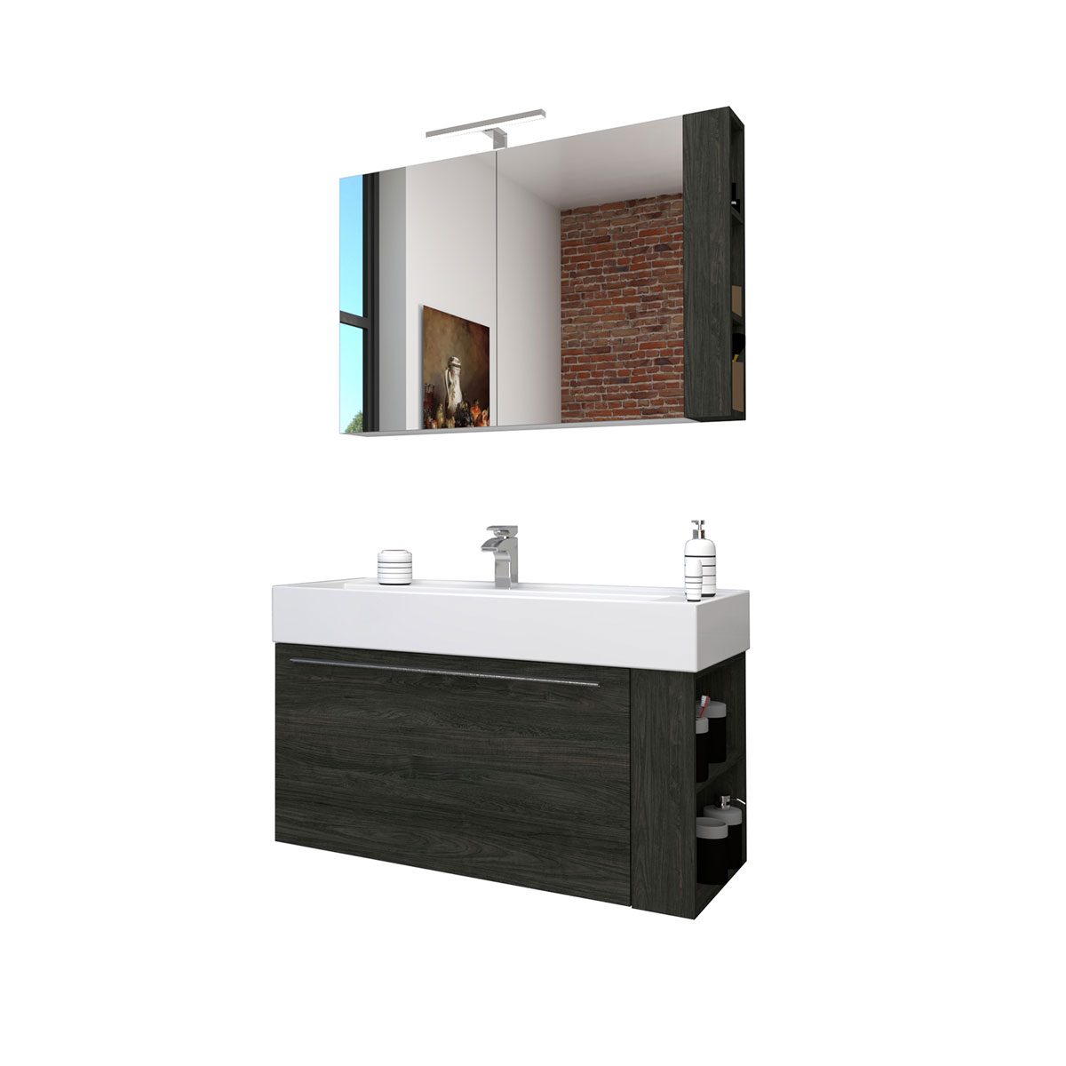 Progetto Idea Stella Badmöbel DOMUS 100 Ulme onyx mit Spiegelschrank und Lampe