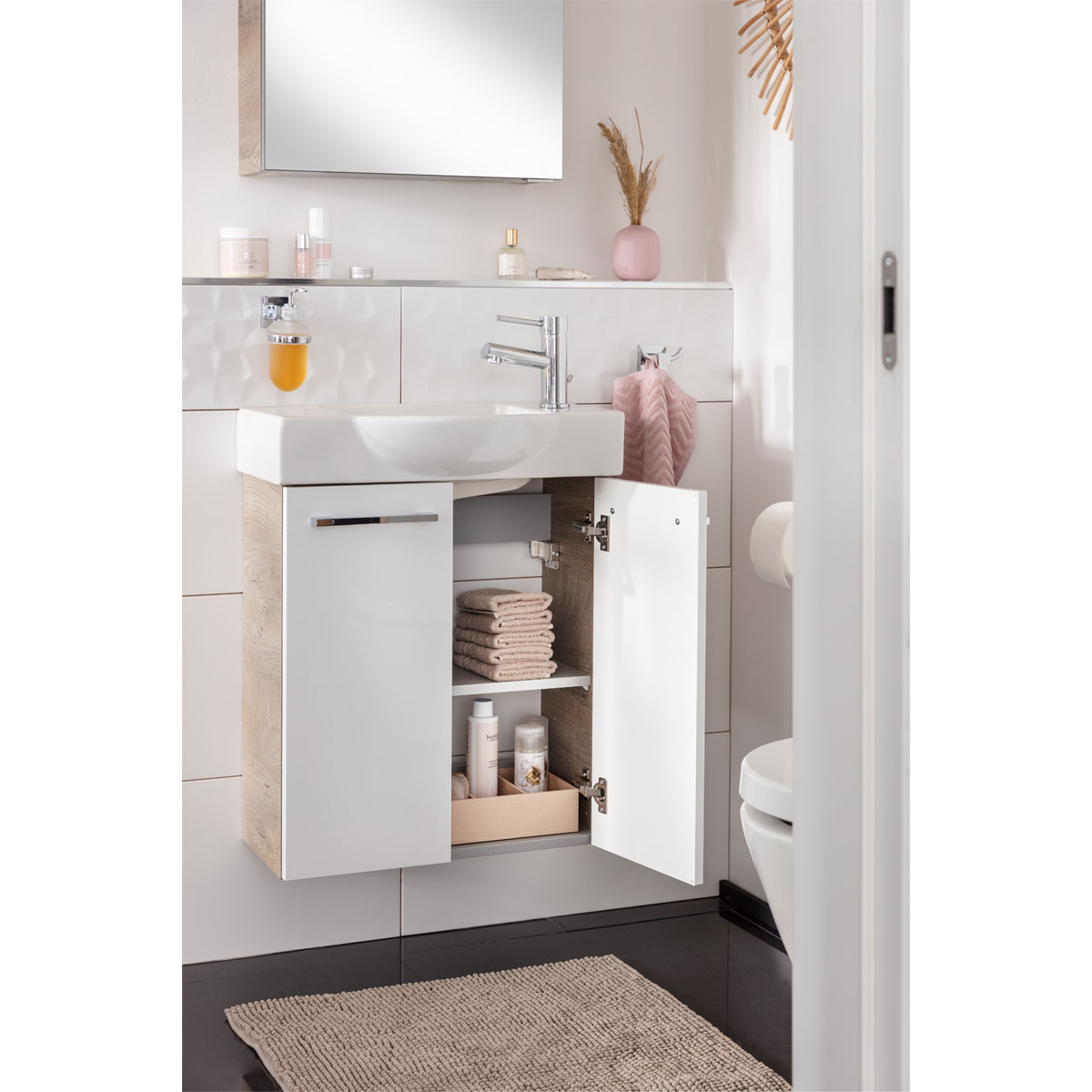 Fackelmann  Gäste-WC Waschtischunterschrank SBC 520 x 600 x 243 mm NatureOak/Weiß Bild 5