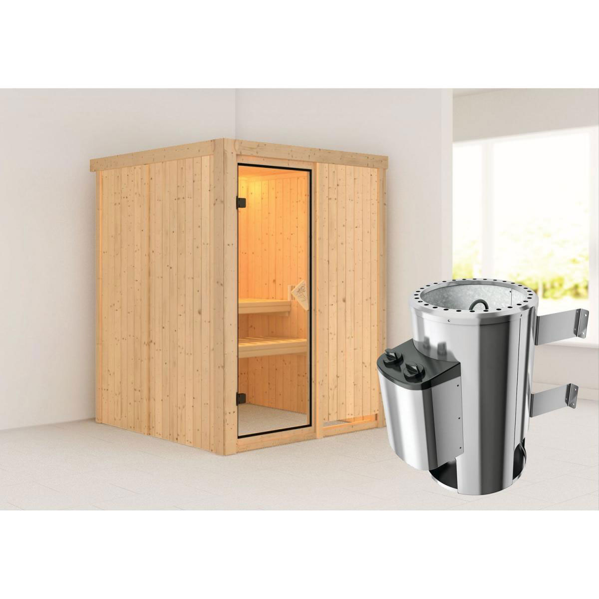 Karibu Systemsauna Minja 68 mm 3,6 kW Ofen integr Strg ohne Kranz Bild 1