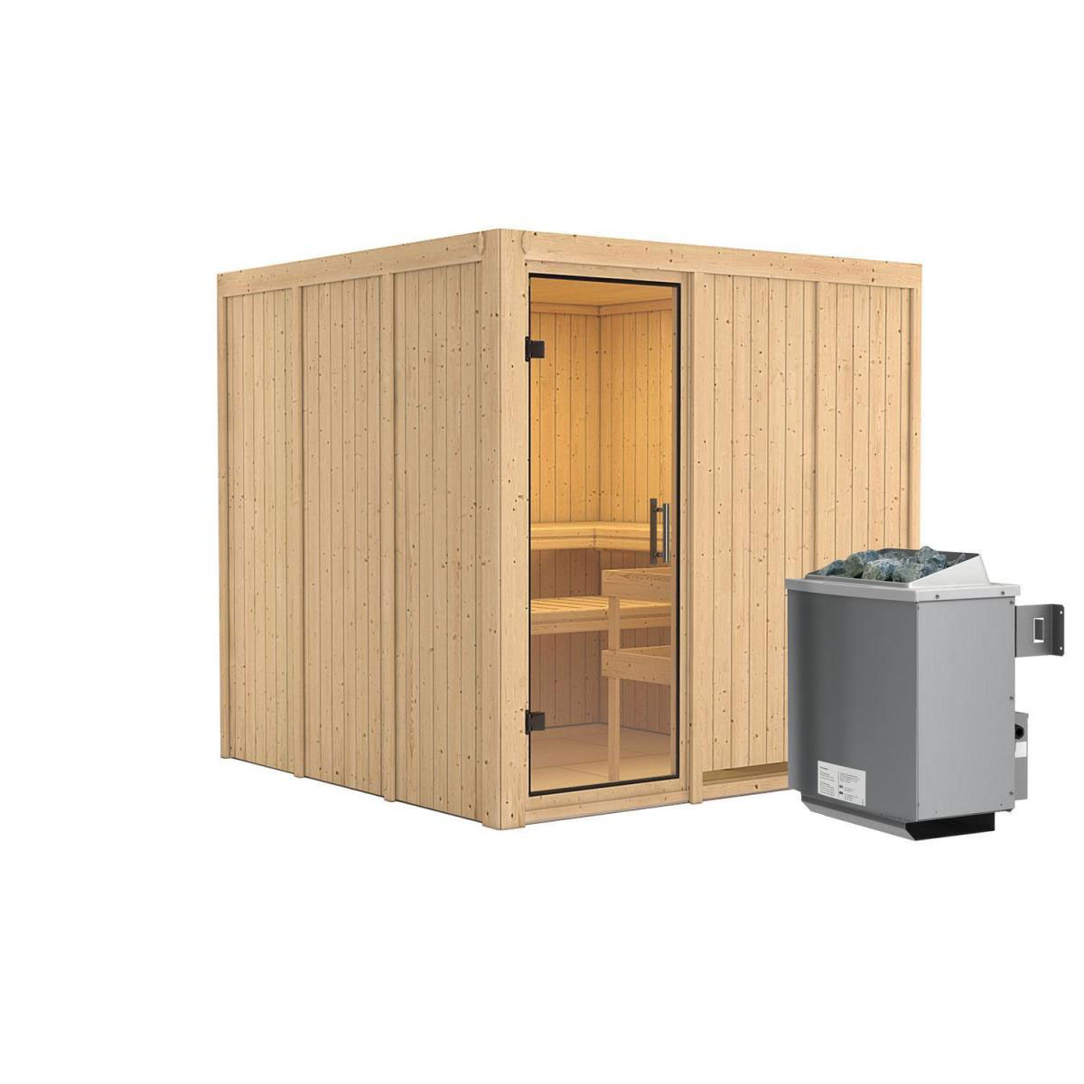 Karibu Sauna Rodin Fronteinstieg 9 kW Ofen integr Strg kein Kranz Klarglas-Tür Bild 1