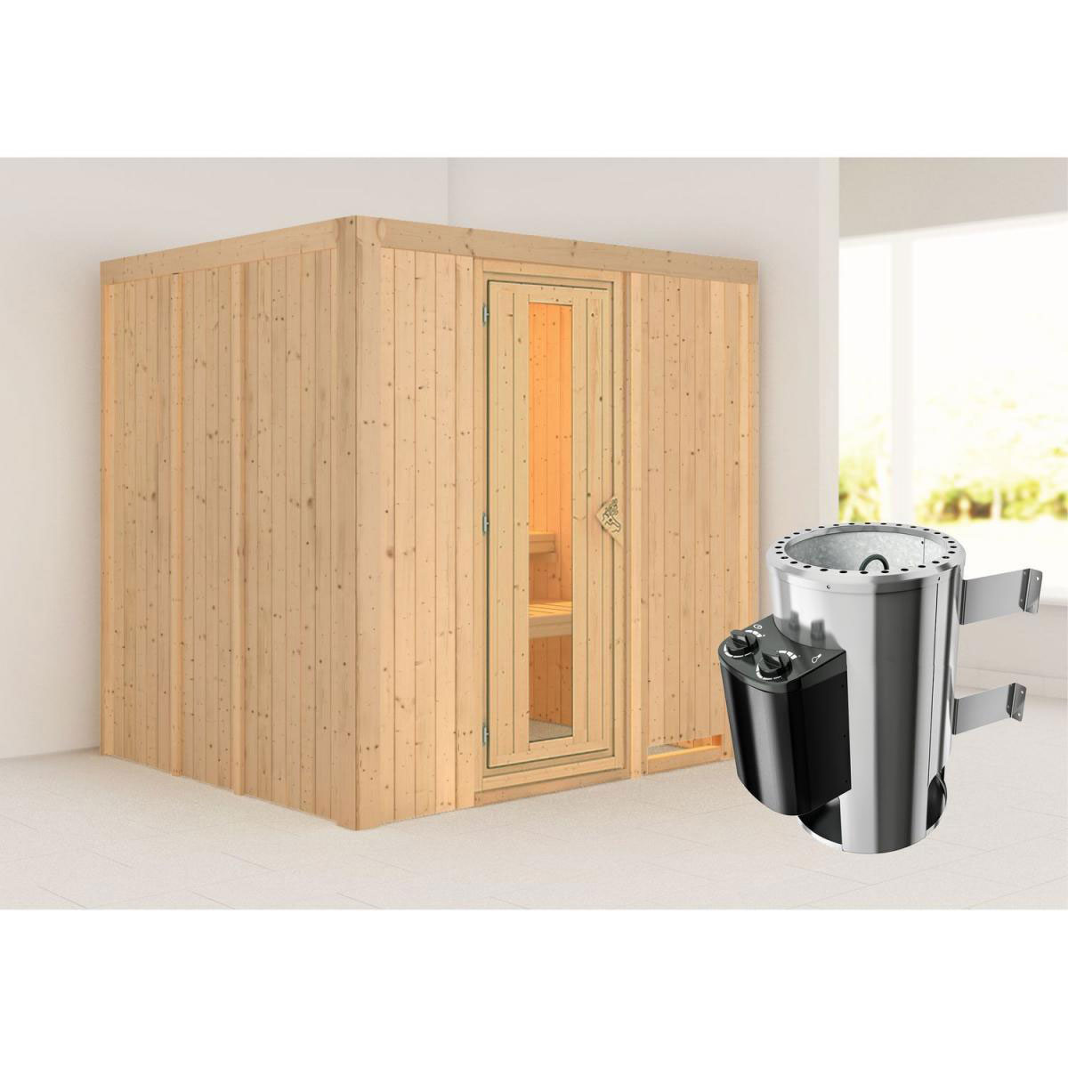 Karibu Sauna Daria Fronteinstieg 3,6 kW Ofen integr Strg kein Kranz Energiespartür Bild 5