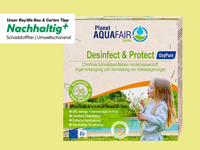 Die Produktverpackung des Artikels „Desinfect & Protect OxyPure“ von der Marke Planet Aquafair.