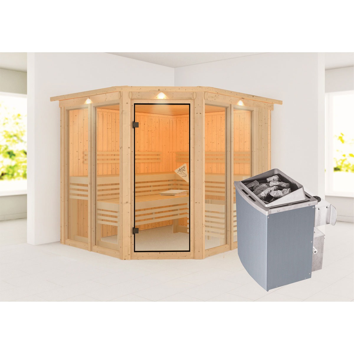 Karibu Sauna Ainur 3 mit Kranz naturbelassen integrierte Steuerung Bild 1