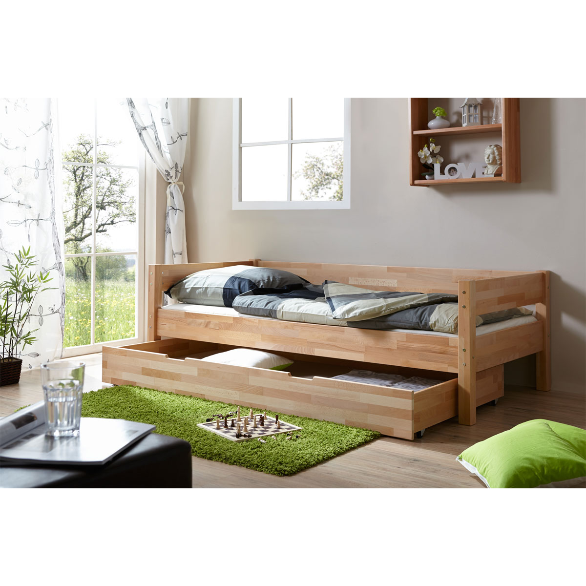 Ticaa Einzelbett Robby mit Schubkasten Buche massiv 90 x 200 cm