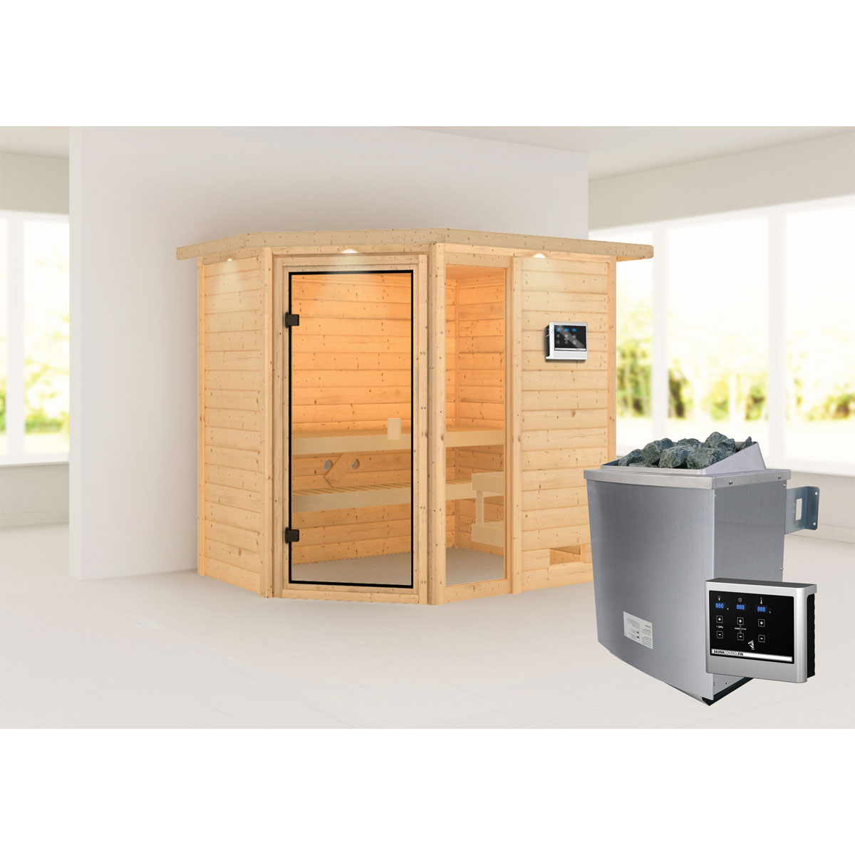 Karibu Sauna Jada mit Kranz naturbelassen externe Steuerung Bild 1