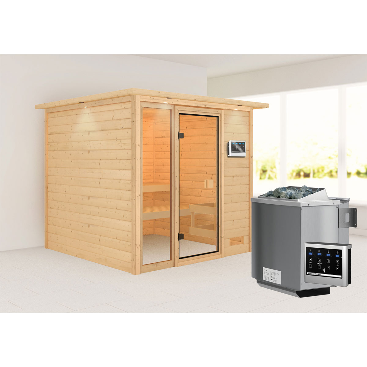 Karibu Sauna Jutta mit Kranz naturbelassen Bio externe Steuerung Bild 1