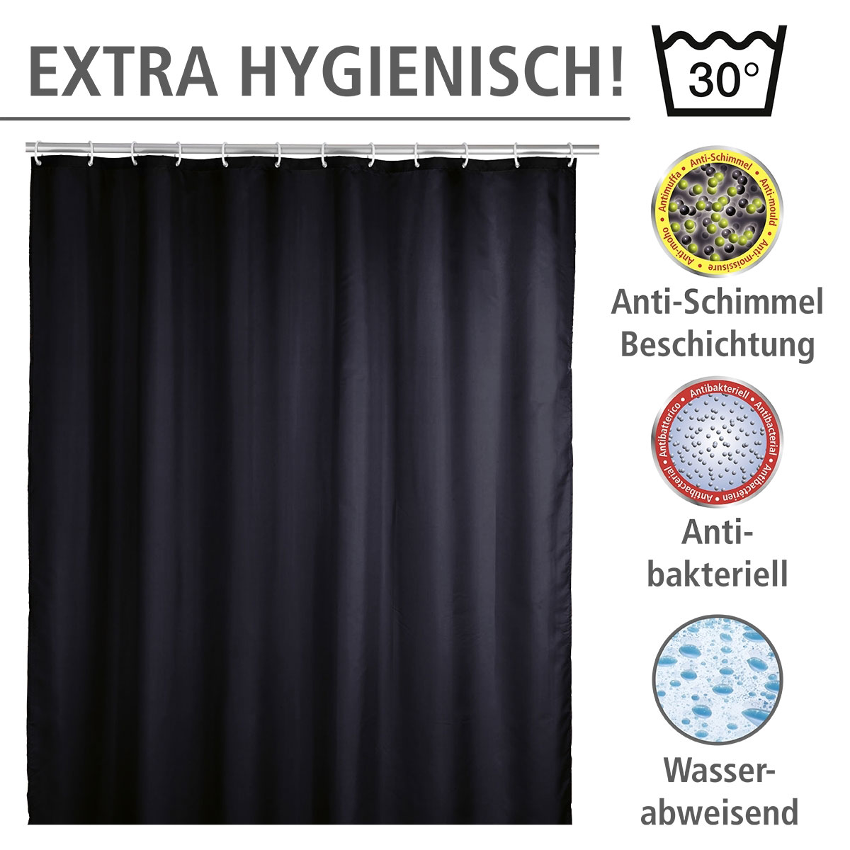 Wenko  Anti-Schimmel Duschvorhang Uni Black Textil Polyester 180 x 200 cm waschbar Bild 3