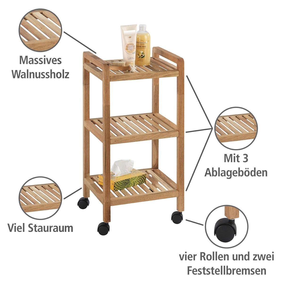 Wenko  Rollregal Norway aus Walnussholz mit 3 Böden massiv Bild 2