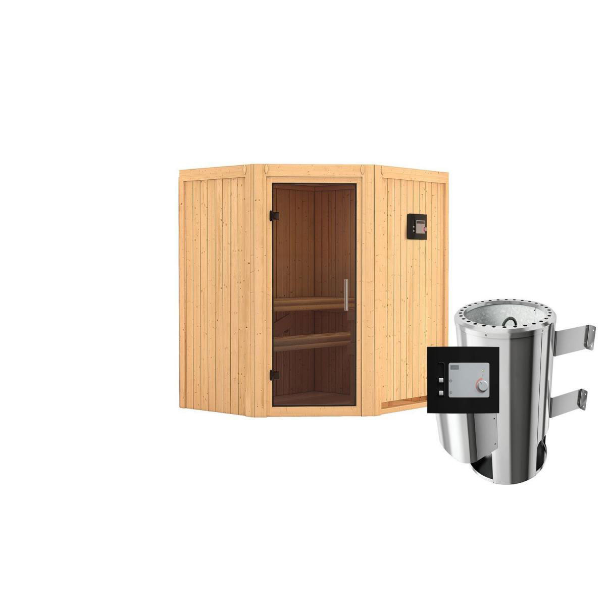 Karibu Sauna Tonja Eckeinstieg 3,6 kW Ofen externe Strg modern kein Kranz Energiespartür Bild 1