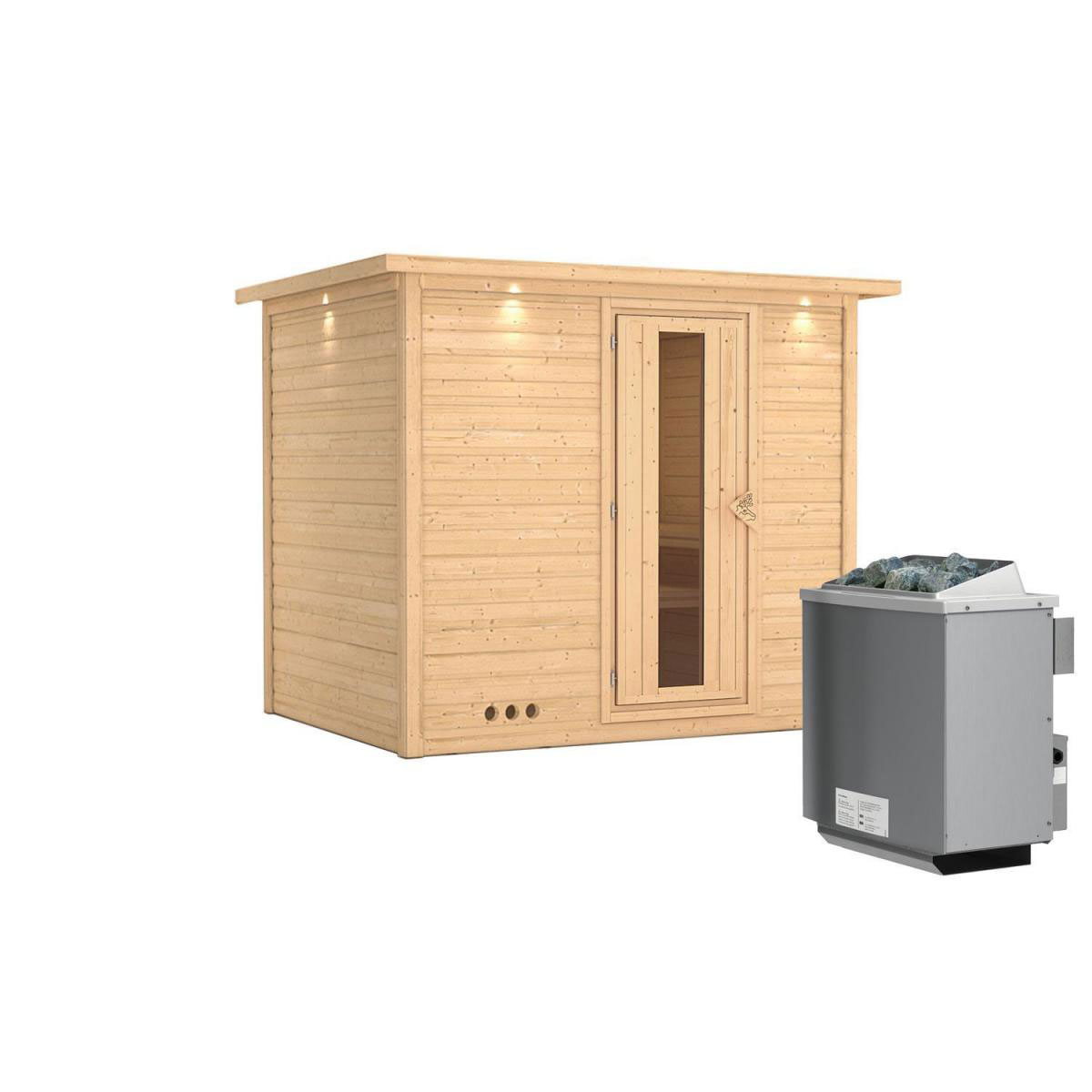 Karibu Sauna Sonara Fronteinstieg 9 kW Ofen integr Strg Tür gedämmt mit Kranz Bild 2