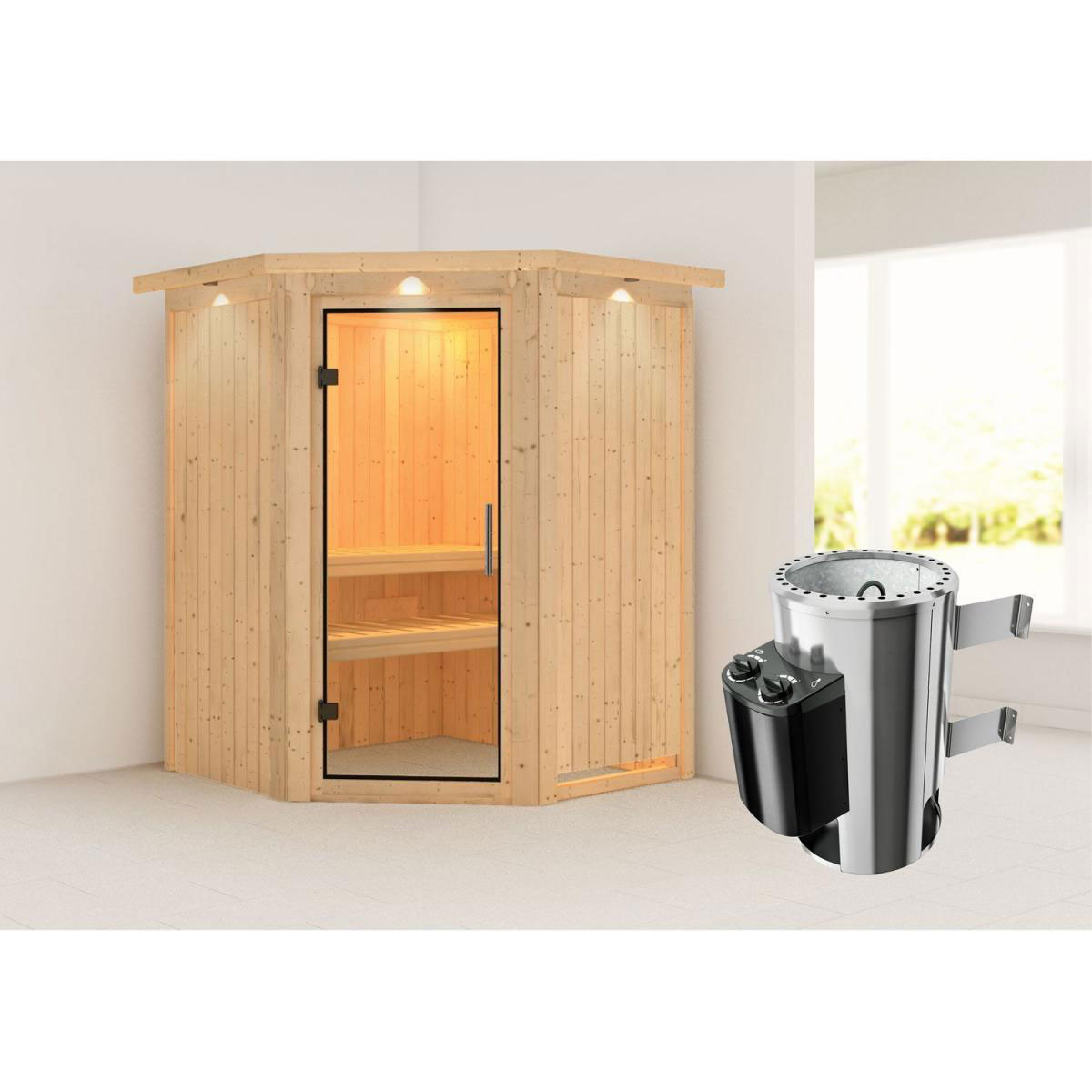 Karibu Sauna Nanja Eckeinstieg 3,6 kW Ofen integr Strg mit Kranz Klarglas-Tür Bild 6