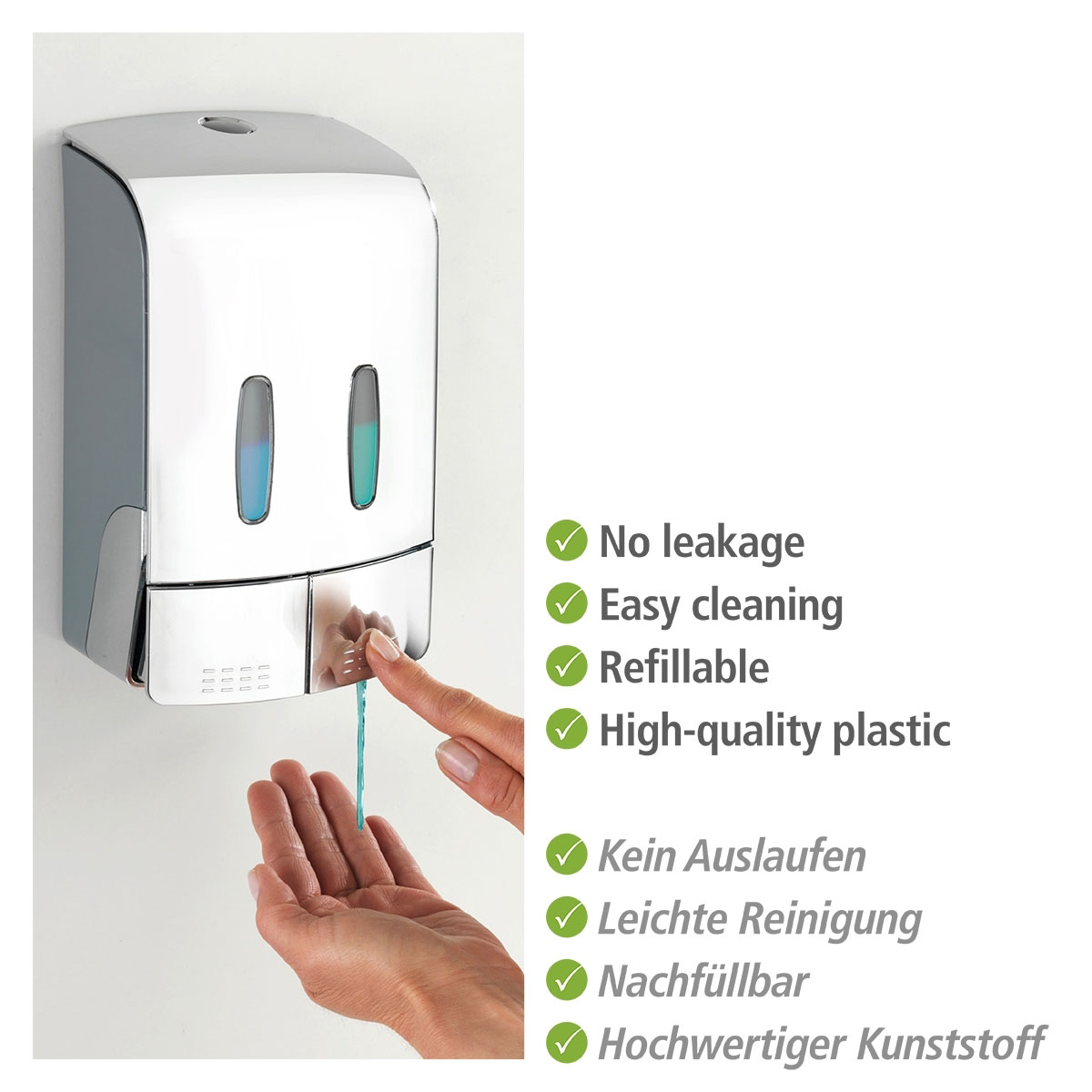 Wenko  2-Kammer Desinfektionsmittel- und Seifenspender Tartas Chrom Seifen-Dosierer und Desinfektionsspender Füllmenge je Kammer 480 ml Bild 6