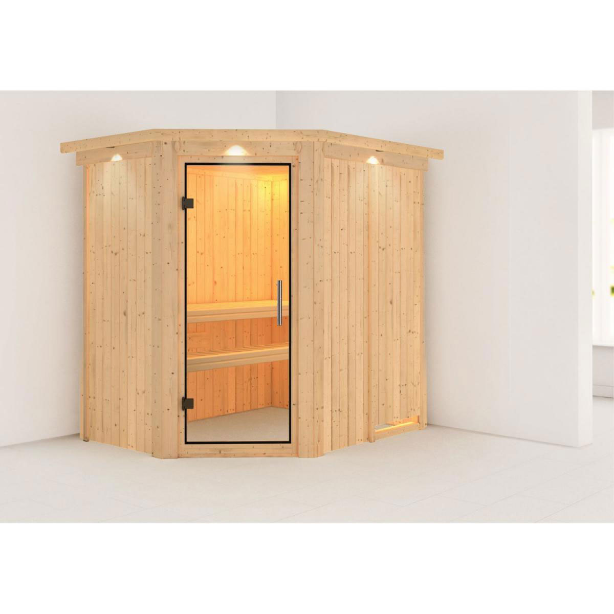 Karibu Sauna Carin Eckeinstieg ohne Ofen mit Kranz Klarglas-Tür Bild 5