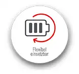 Ein Batterielogo mit einem roten Pfeil wird von dem Text „Flexibel einsetzbar“ begleitet.