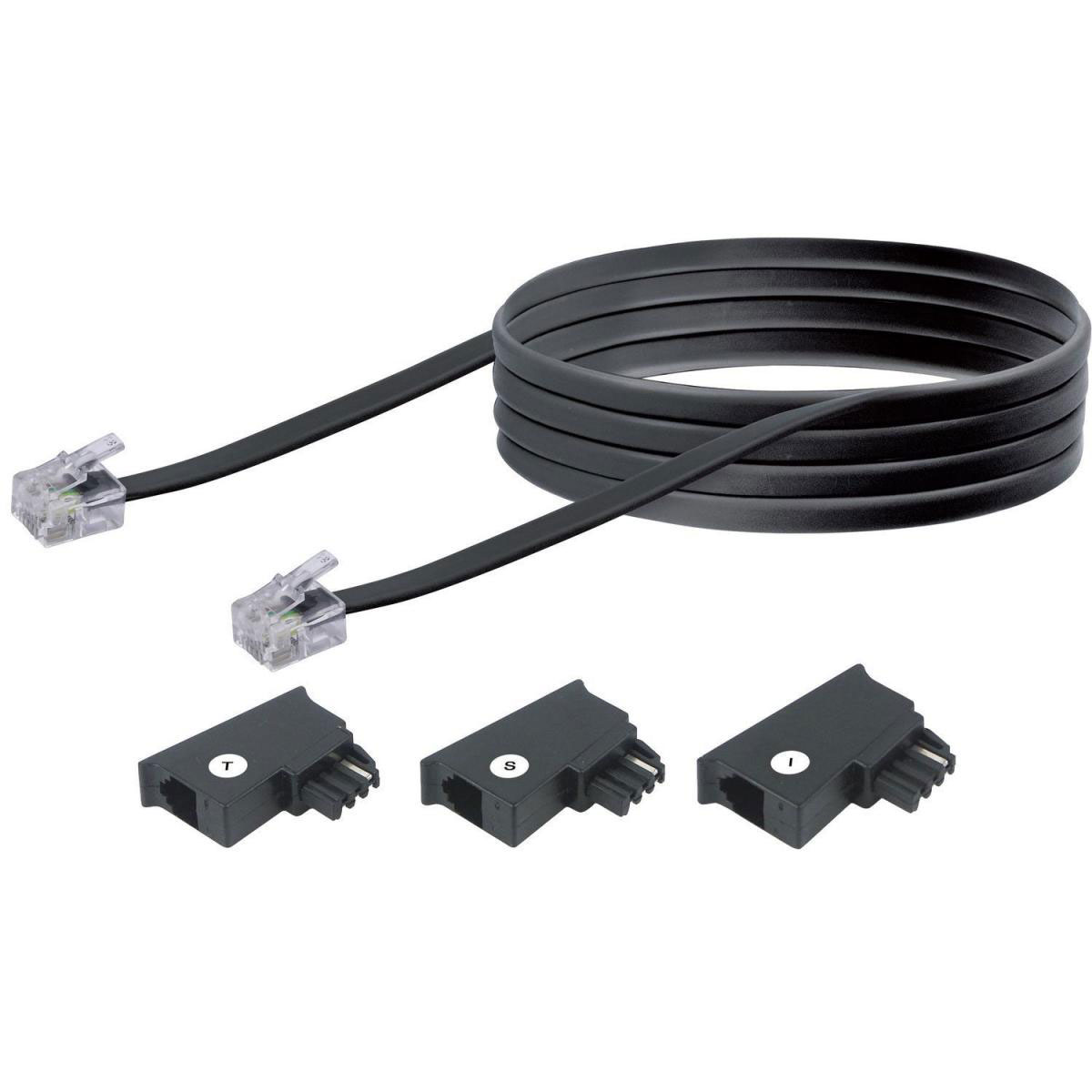 Schwaiger Telefon-Anschluss-Set 6 m schwarz mit 3 Adaptern