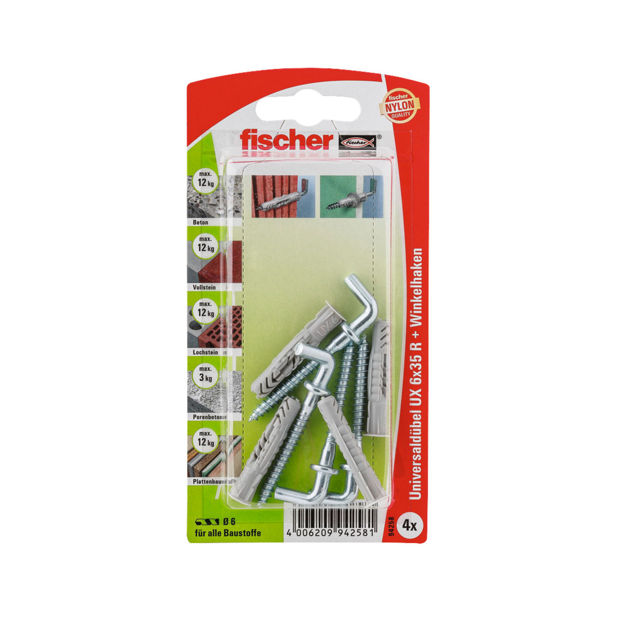 Fischer Universaldübel UX 6 x 35 m mit Winkelhaken 4 Stück