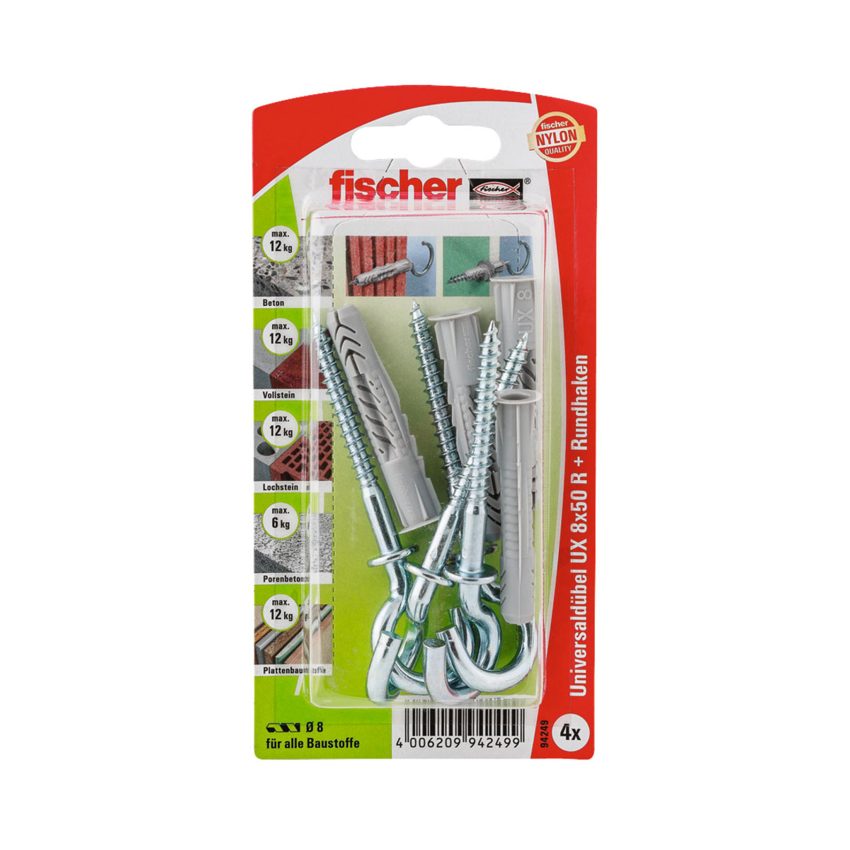 Fischer  Universaldübel UX 8 x 50 mm mit Rundhaken 4 Stück