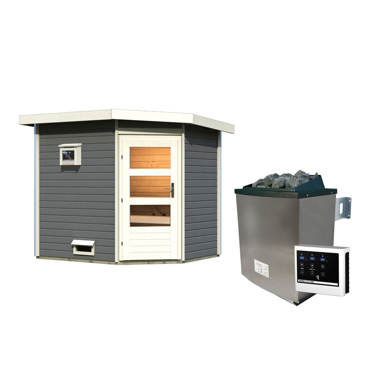 Karibu  Saunahaus- Set „Mikka“ terragrau mit Ofen 9 kW ext. Steuerung