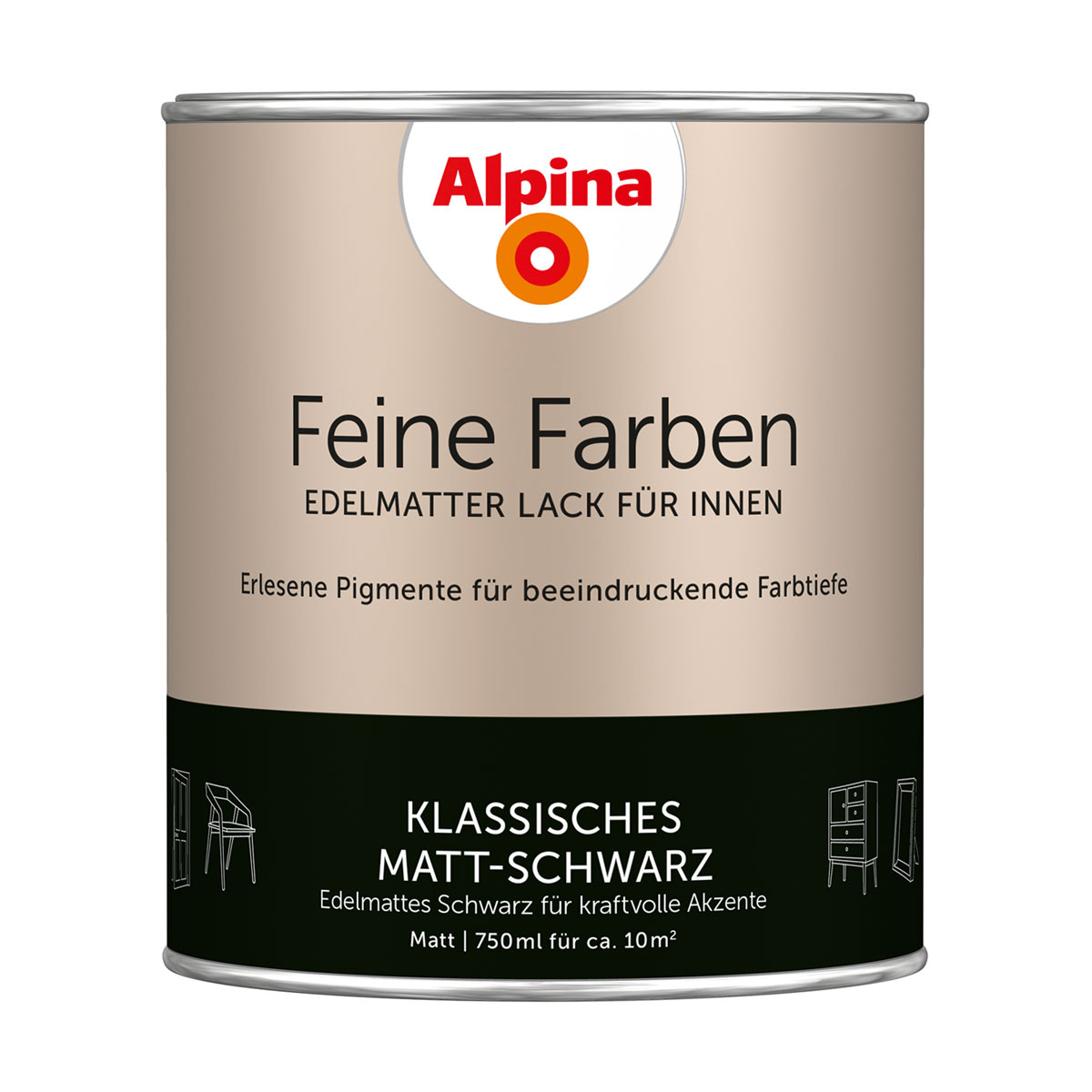 Alpina  Buntlack Feine Farben Lack Klassisches Matt-Schwarz 750ml
